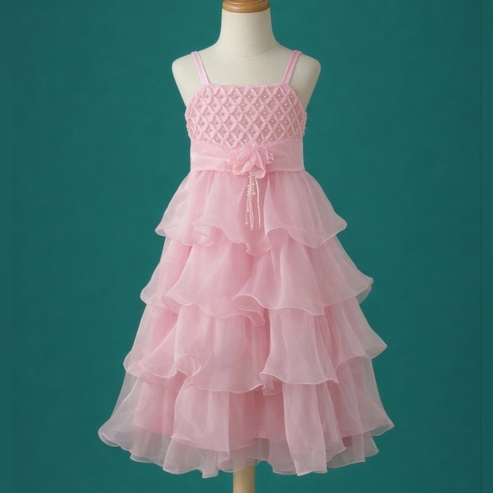 RICHIE HOUSE Pink Lattice Pearl Cascade Ruffle Chiffon Tie Back Party Dress